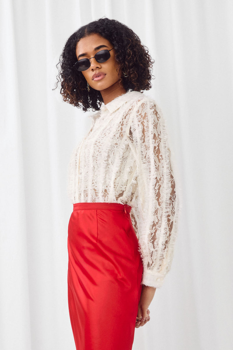 H8069 IVORY Womens Sheer Fuzzy Lace Button Down Top Detail