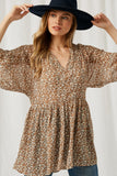 H8159 Caramel Womens Floral Balloon Sleeve Tunic Top Pose