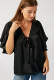 H8180 Black Ruffle Sleeve Blouse Front