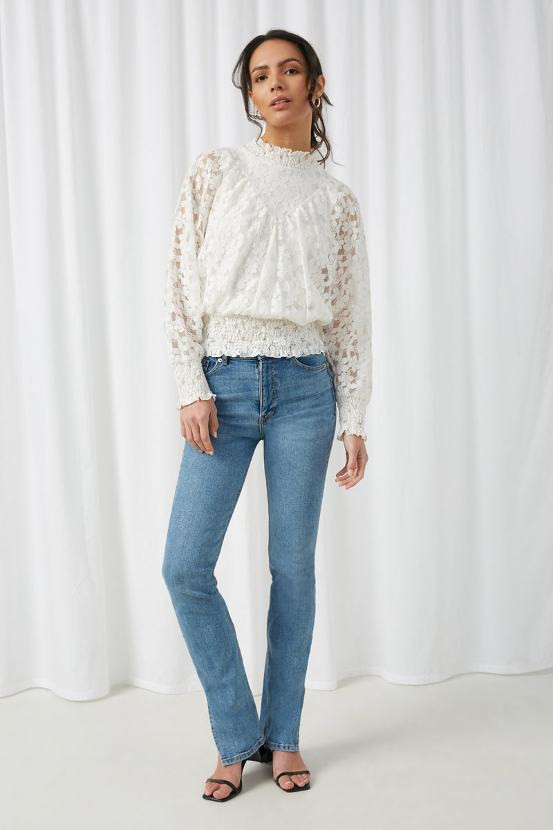 H8197 Off White Womens Lace Smocked Top Full Body