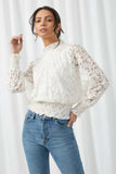 H8197 Off White Womens Lace Smocked Top Front