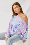 H8212 Pink Mix Tie Dye Off-Shoulder Zip-Up Knit Top Front