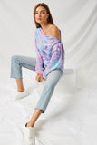 H8212 Pink Mix Tie Dye Off-Shoulder Zip-Up Knit Top Side