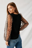 H8239 Black Leopard Puff Sleeve Top Back