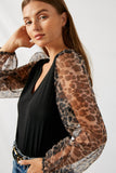 H8239 Black Leopard Puff Sleeve Top Side