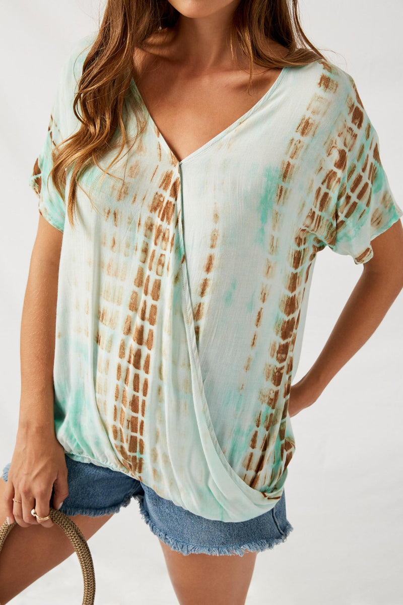 H8260 Mint Tie-Dye Surplice Top Front