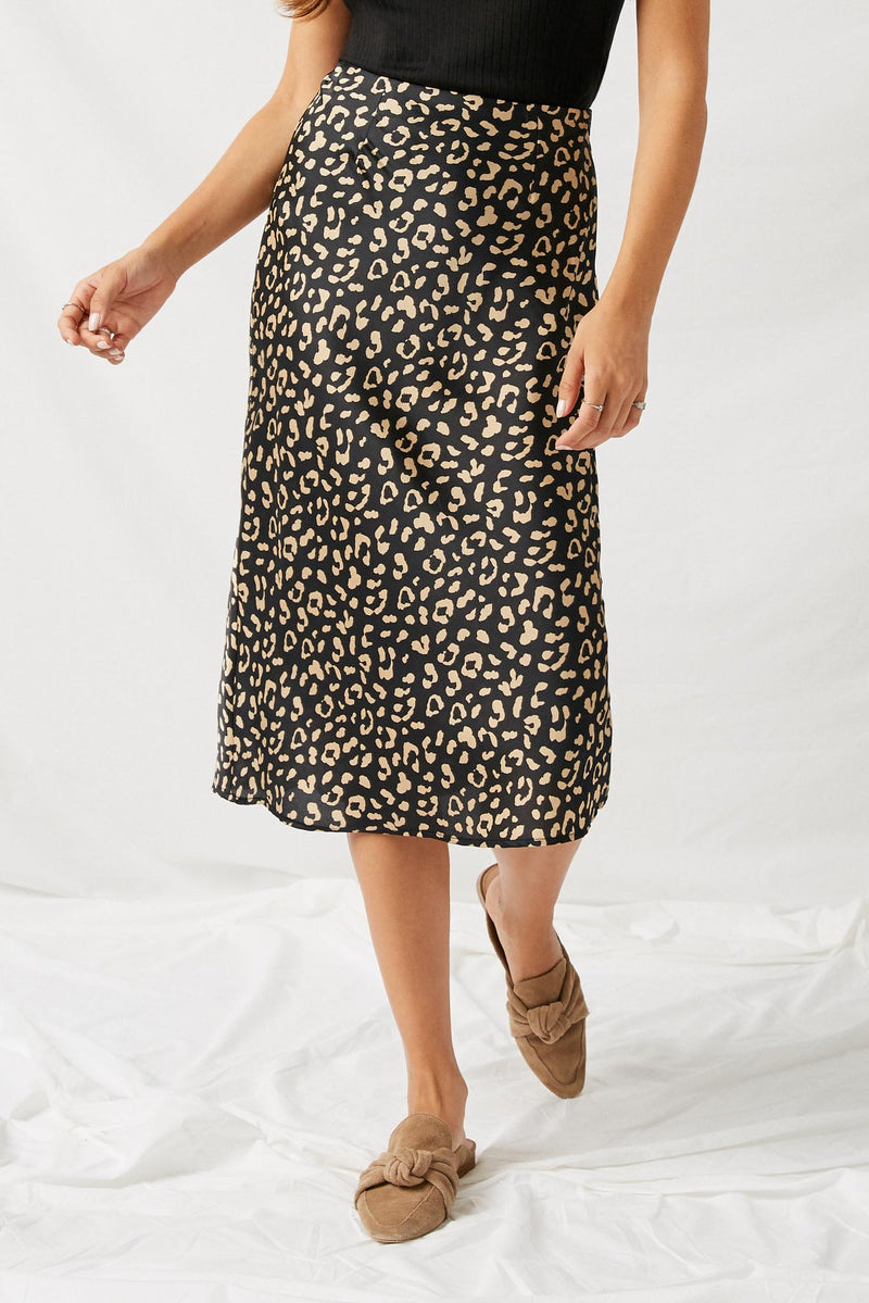 H8284 Black Taupe Leopard Midi Slip Skirt Front