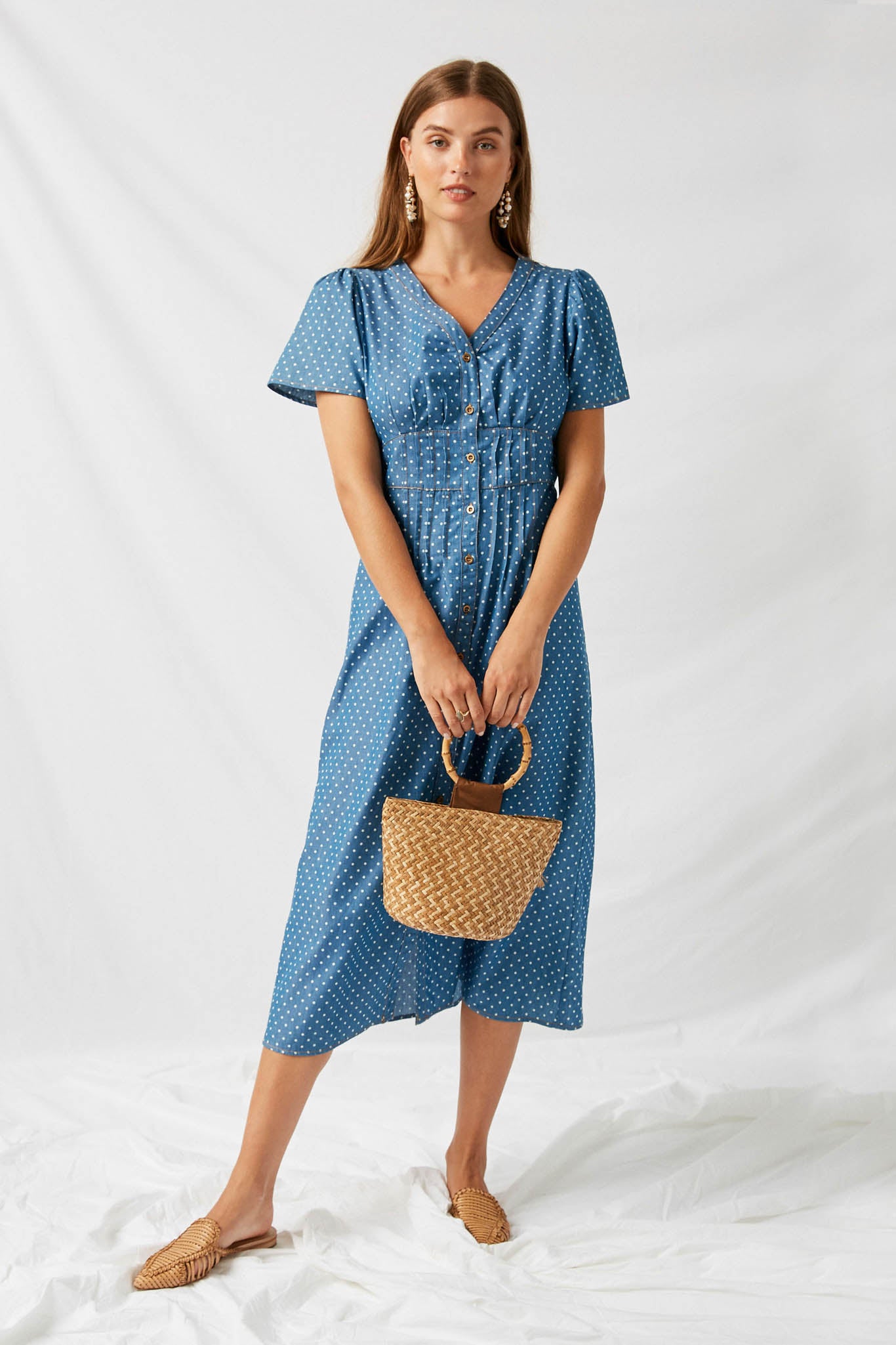 Women's Polka Dot Button Down Denim Dress | Boho Clothing Sophie & Hailee Women's Polka Dot Button Down Denim Dress | Boho Clothing Sophie & Hailee