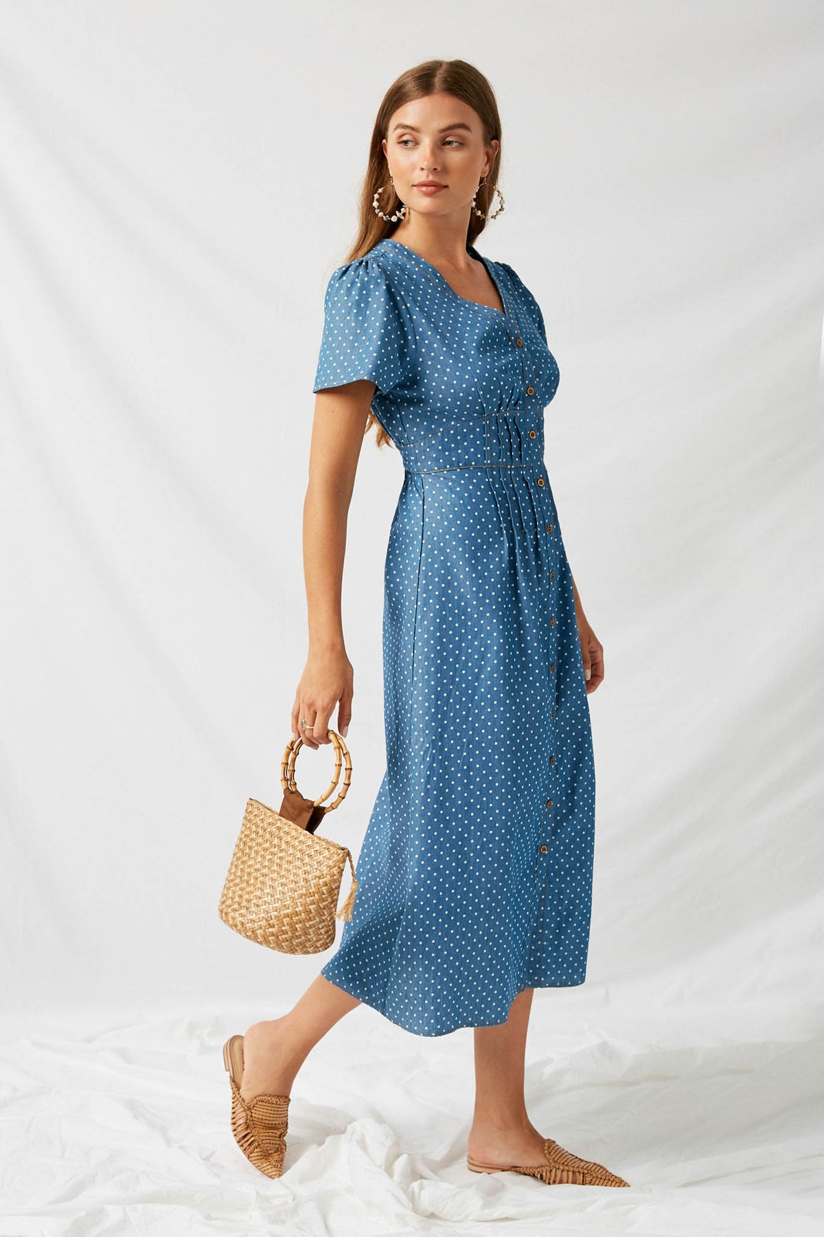 Women's Polka Dot Button Down Denim Dress