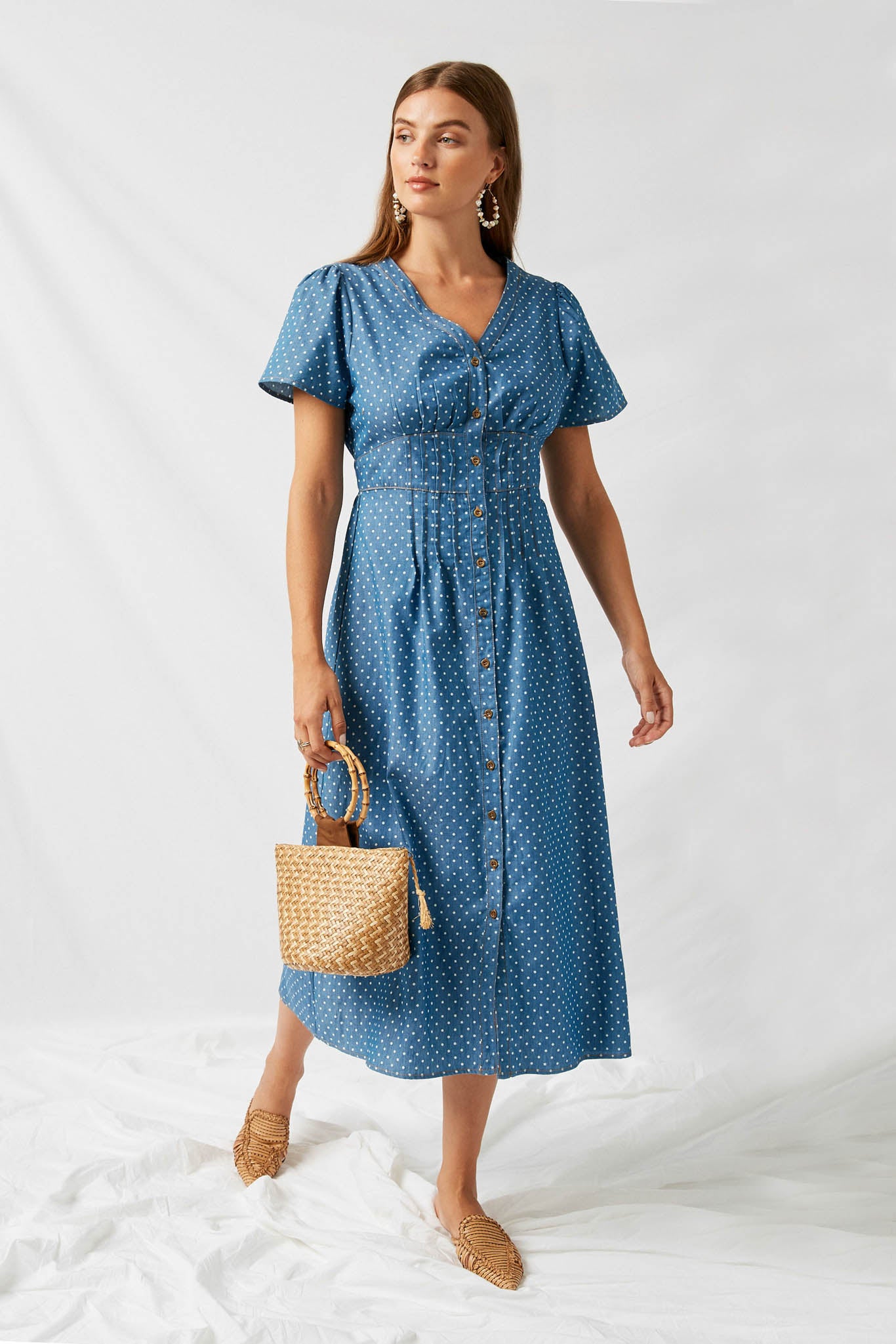 Women's Polka Dot Button Down Denim Dress