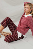 H9035 Burgundy Womens Stripe Drawstring Pants Pose