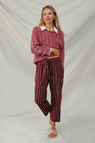 H9035 Burgundy Womens Stripe Drawstring Pants Full Body