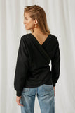 H9062 Black Womens Belted Wrap Sweatshirt Top Back