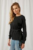 H9062 Black Womens Belted Wrap Sweatshirt Top Side