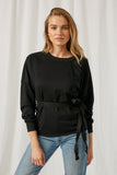 H9062 Black Womens Belted Wrap Sweatshirt Top Front