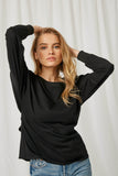 H9062 Black Womens Belted Wrap Sweatshirt Top Pose