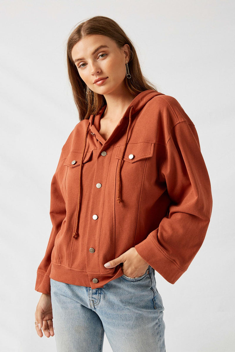 H9063 Rust Hooded Button Up Cargo Sweatshirt Front