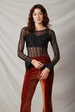 H9118 Black Womens Sparkly Sheer Bell Sleeve Top Front