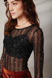 H9118 Black Womens Sparkly Sheer Bell Sleeve Top Detail