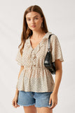 H9155 Off White Dotted Ruffle Peplum Blouse Front