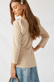 H9183 Tan Knit Puff Shoulder Top Full Body 2