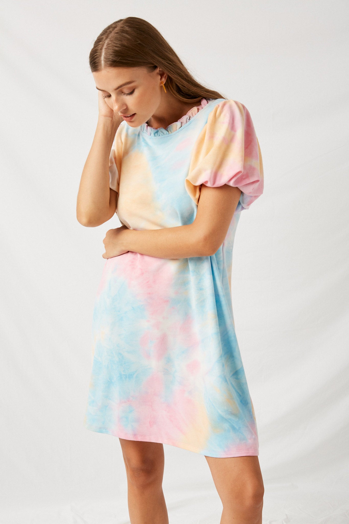 Women's Ruffle Tie Dye Puff Sleeve Shirt Dress | Boho Clothing Multi / S Multi Women's Dresses T Shirt Dresses Sophie & Hailee Women's Ruffle Tie Dye Puff Sleeve Shirt Dress | Boho Clothing Multi / S Multi Women's Dresses T Shirt Dresses Sophie & Hailee