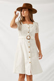 H9245 Off White Square Neck Eyelet Midi Dress Front