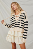 HB0006 Cream Womens Lace Up Collared Striped Sweater Front