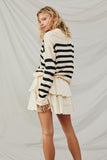 HB0006 Cream Womens Lace Up Collared Striped Sweater Back