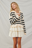 HB0006 Cream Womens Lace Up Collared Striped Sweater Full Body