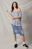 HDY5819 Blue Womens Wide Neck Loose Knit Pocket Slouchy Top Full Body