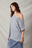 HDY5819 Blue Womens Wide Neck Loose Knit Pocket Slouchy Top Side
