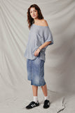 HDY5819 Blue Womens Wide Neck Loose Knit Pocket Slouchy Top Full Body