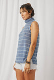 HDY7109 Blue Womens Loose Knit Striped Cowl Neck Tank Side