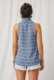HDY7109 Blue Womens Loose Knit Striped Cowl Neck Tank Back