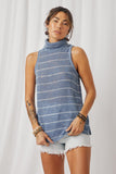 HDY7109 Blue Womens Loose Knit Striped Cowl Neck Tank Pose 2