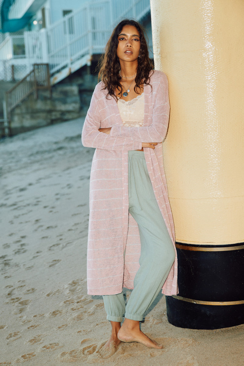 Womens Loose Knit Striped Open Duster Full Body