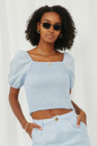 Square Neck Smocked Puff Sleeve Crop Top