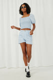 HE1016 Blue Womens Square Neck Smocked Puff Sleeve Crop Top Full Body