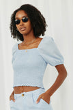 HE1016 Blue Womens Square Neck Smocked Puff Sleeve Crop Top Front 2