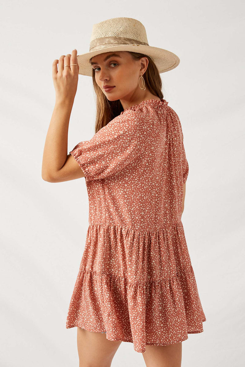 HJ1000 Pink Printed Smock Neck Swing Top Back