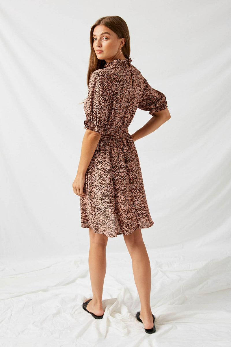 HJ1014 Pink Dotted Smock Neck Mini Dress Back