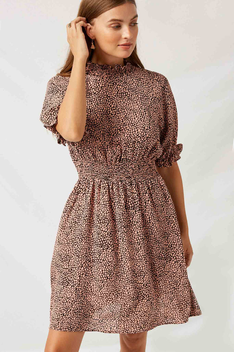 HJ1014 Pink Dotted Smock Neck Mini Dress Front