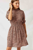 HJ1014 Pink Dotted Smock Neck Mini Dress Front