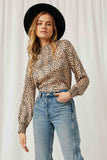 HJ1025 Taupe Womens Cheetah Smock Neck Top Front