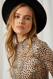 HJ1025 Taupe Womens Cheetah Smock Neck Top Close Up