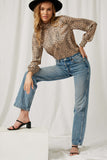 HJ1025 Taupe Womens Cheetah Smock Neck Top Pose Front