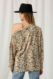 HJ1066 Taupe Womens Snakeskin Off-Shoulder Zip-Up Knit Top Back