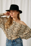 HJ1066 Taupe Womens Snakeskin Off-Shoulder Zip-Up Knit Top Front