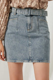 HJ1081 Light Blue Womens Belted Denim Skirt Front